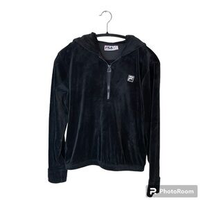 Fila Velour‎ Soft Track Jacket 1/4 Zip Black with Hooded and Pockets Size Medium